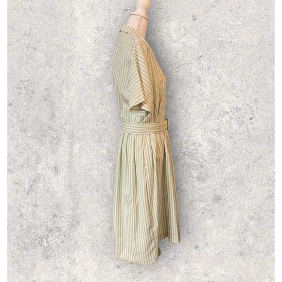 Vintage Penbrooke Lane Dress Womens 10 Green White Striped Button Up Belted Midi - Picture 4 of 12